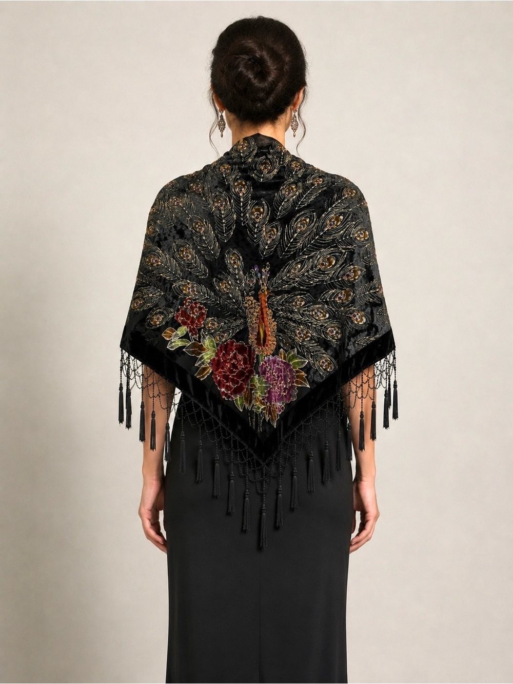 J & X NY Peacock Silk Burnout Velvet Shawl Wrap
